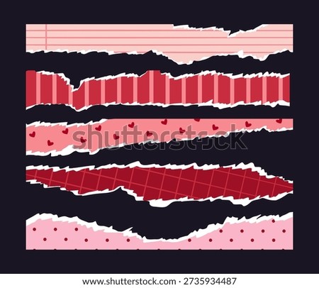 Romantic pattern cracked paper pieces. Valentines day paper sheets, torn and ripped notebook page or sticky notes with scrap edge flat vector illustration set. Cute paper strips fragments