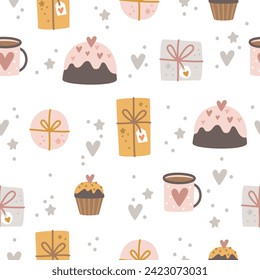 Romantic pattern with a cup of coffee, gifts and sweets. Vector illustration
