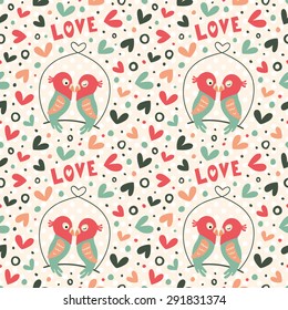 Romantic pattern with cute colorful hearts and lovebirds.