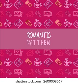 Romantic pattern with cute hearts, coffee cups, and letter icons. Ideal for Valentine's Day designs, gift wrapping, and textile prints.