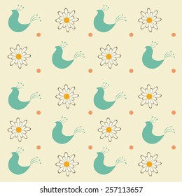 Romantic pattern with decorative birds and flowers