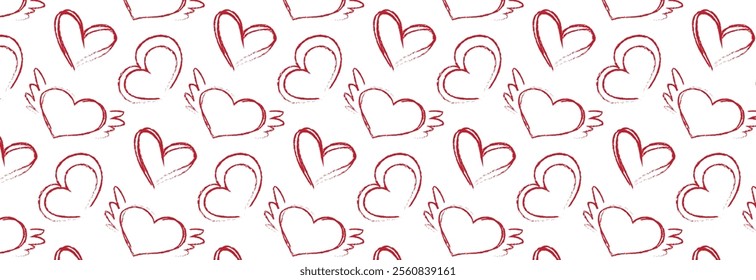 Romantic pattern of different grunge hearts. Vector seamless background of abstract hearts and heart with wings of different shapes for websites, cards, design, Valentine's day.