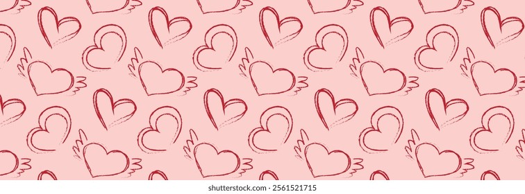 Romantic pattern of different grunge hearts. Vector seamless background of abstract hearts and heart with wings of different shapes for websites, cards, design, Valentine's day.