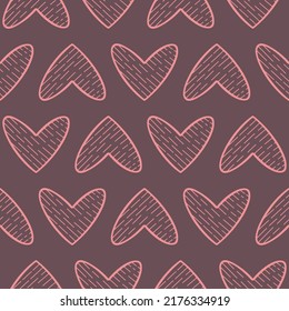 Romantic pattern with doodle hearts on burgundy background for the design of textiles, bed linen, child clothing, wrapping paper. 