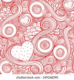 Romantic pattern with doodle and hearts. Seamless pattern of original drawing zentangle hearts. Easy editing.
