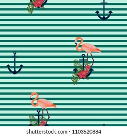 Romantic pattern with flamingos. Marine background with an anchor and flamingos.