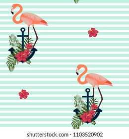 Romantic pattern with flamingos. Marine background with an anchor and flamingos.