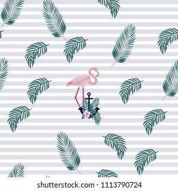 Romantic pattern with flamingos. Marine background with an anchor and flamingos.
