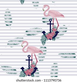 Romantic pattern with flamingos. Marine background with an anchor and flamingos.
