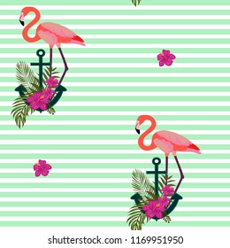 Romantic pattern with flamingos. Marine background with an anchor and flamingos.