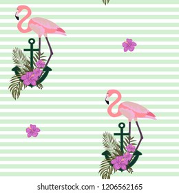 Romantic pattern with flamingos. Marine background with an anchor and flamingos.