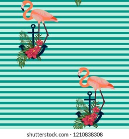 Romantic pattern with flamingos. Marine background with an anchor and flamingos.