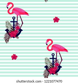 Romantic pattern with flamingos. Marine background with an anchor and flamingos.