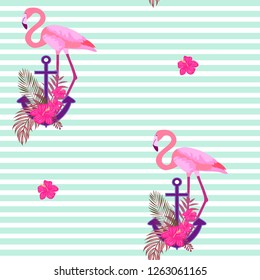 Romantic pattern with flamingos. Marine background with an anchor and flamingos.