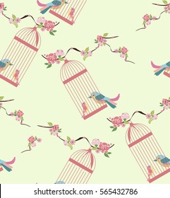 Romantic pattern with flowers, birds and cages. Vector illustration
