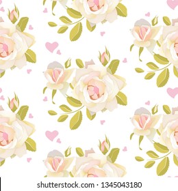 Romantic pattern with flowers of white roses in pastel colors. Stock vector illustration on white background.