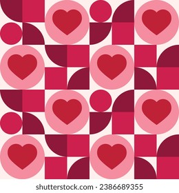 Romantic pattern with geometric shapes and hearts. Template for cards, posters, banners for Valentine's Day