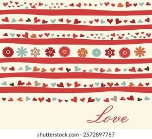 Romantic pattern with hand drawn hearts. Colorful doodle hearts. Ready template for design cards, print, poster, Valentine's day, romantic wedding design. Vector