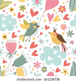 Romantic pattern with hearts, birds and flowers.