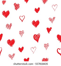 Romantic pattern with hearts. Elements hand-drawn style sketch. Perfect for holidays decoration Valentine's day, packaging, print on fabrics and other. Red hearts on white background