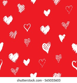 Romantic pattern with hearts. Elements hand-drawn style sketch. Perfect for holidays decoration Valentine's day, packaging, print on fabrics and other. Red hearts on white background