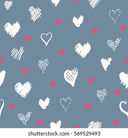 Romantic pattern with hearts. Elements hand-drawn style sketch. Perfect for holidays decoration Valentine's day, packaging, print on fabrics and other. Red and white hearts on grey background