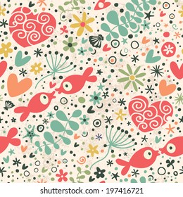 Romantic pattern with hearts and fish. Seamless background.
