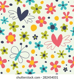 Romantic pattern with hearts, flowers and butterflies. Seamless background for your design.