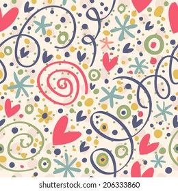 Romantic pattern with hearts, flowers, confetti and serpentine. Seamless vector background.