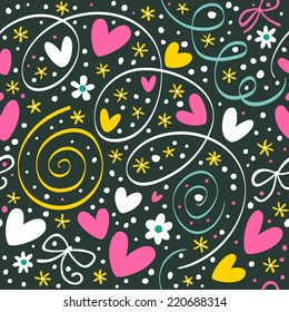 Romantic pattern with hearts, flowers, confetti and serpentine. Seamless vector background.