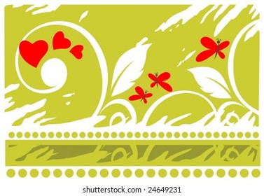 Romantic pattern with hearts and flowers  on a green background.