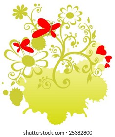 Romantic pattern with hearts and flowers  on a green background.