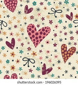 Romantic pattern with hearts, flowers and ribbons. Bright seamless background. 