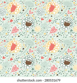 Romantic pattern with hearts and flowers. Seamless background can be used for wallpapers, pattern fills, web page backgrounds, surface textures.