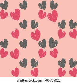 Romantic pattern with hearts. Hand-drawn doodle seamless pattern with hearts.