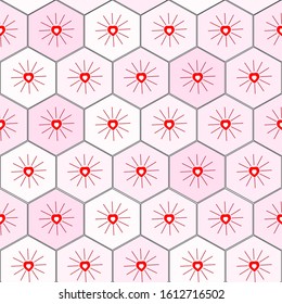 Romantic pattern with hearts in hexagons, geometry illustration, pink background, vector