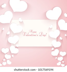 Romantic pattern with hearts on a gentle pink background Text of Happy Valentine's Day Template for posters banners advertising for Valentine's Day wedding cards Creative design Love background Vector