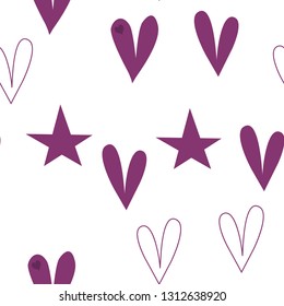 Romantic Pattern with Hearts and Stars Dark moderate pink color. This pattern can be used for design, textile,  pattern fills, posters, cards, web page background etc. Pattern under the mask. Vector.
