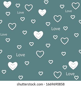 Patrón romántico con corazones y la palabra amor en estilo scrappbooking en un fondo azul, ilustración vectorial