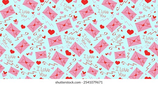 Patrón romántico. Carta de amor, sobre, San Valentín. Letras de corazón y mano Te amo. Diseño de embalaje, decoración festiva para la boda, Día de San Valentín. Vector de fondo sin fisuras.