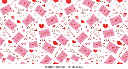 Patrón romántico. Carta de amor, sobre, San Valentín. Letras de corazón y mano Te amo. Diseño de embalaje, decoración festiva para la boda, Día de San Valentín. Vector de fondo sin fisuras.