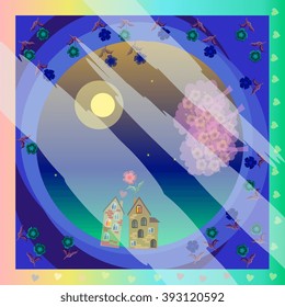 Romantic pattern with lovers houses and blooming trees. Moon night. Kerchief square pattern design style for print on fabric. Vector illustration.  Template for pillowcase, cushion, bedding, carpet.