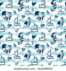 Romantic pattern with mermaids, yachts and waves. Seamless vector background.