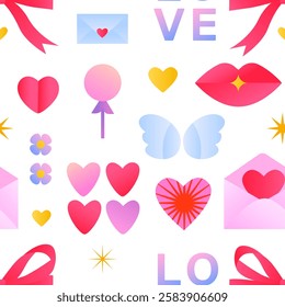 Romantic pattern in minimalist design with hearts, lips and bow on a white background. Valentine's Day pattern.