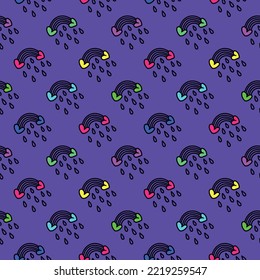 Romantic pattern with multi colored rainbows, hearts, raindrops. Vector illustration