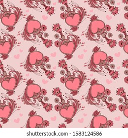 
Romantic pattern from an ornament in pink colors from hearts and flowers, for a card for Valentine's Day, stock illustration