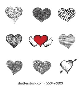 Romantic pattern with painted hearts. Graphic design by hand