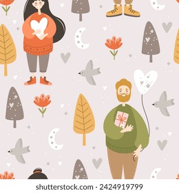 Romantic pattern with people on a background of flowers. Vector illustration