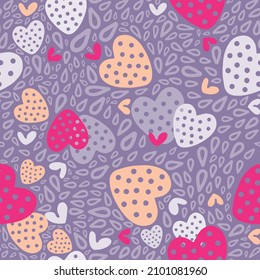 Romantic pattern with pink and orange hearts and doodles on a gray background. Vector illustration. Pattern for Valentines Day
