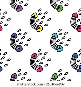 Romantic pattern with rainbows, hearts, raindrops. Vector illustration